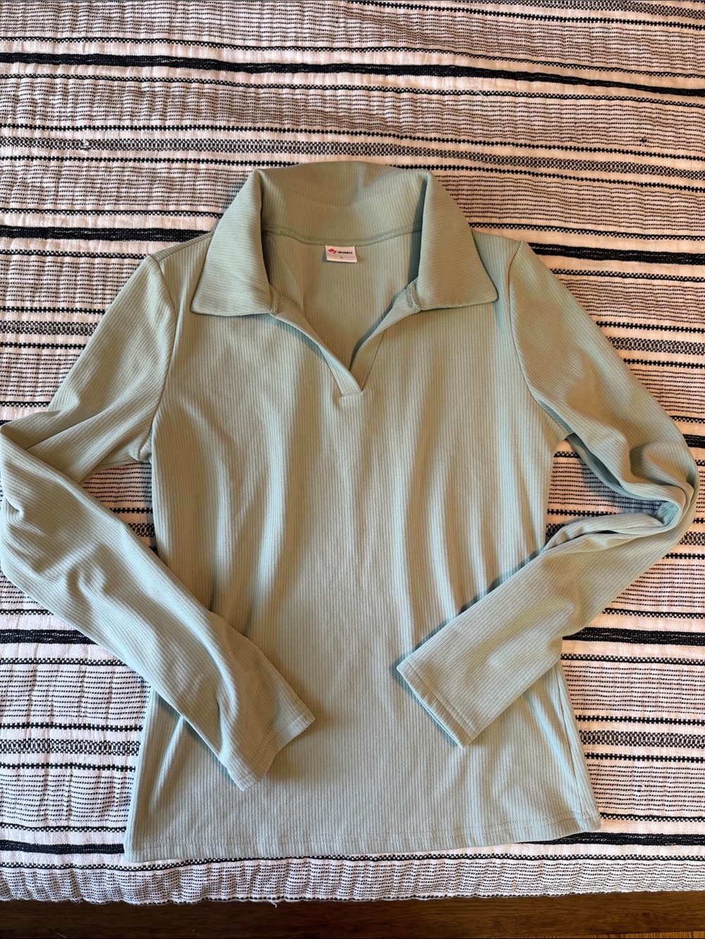 Ribbed Long-Sleeve Polo Top in Light Sage